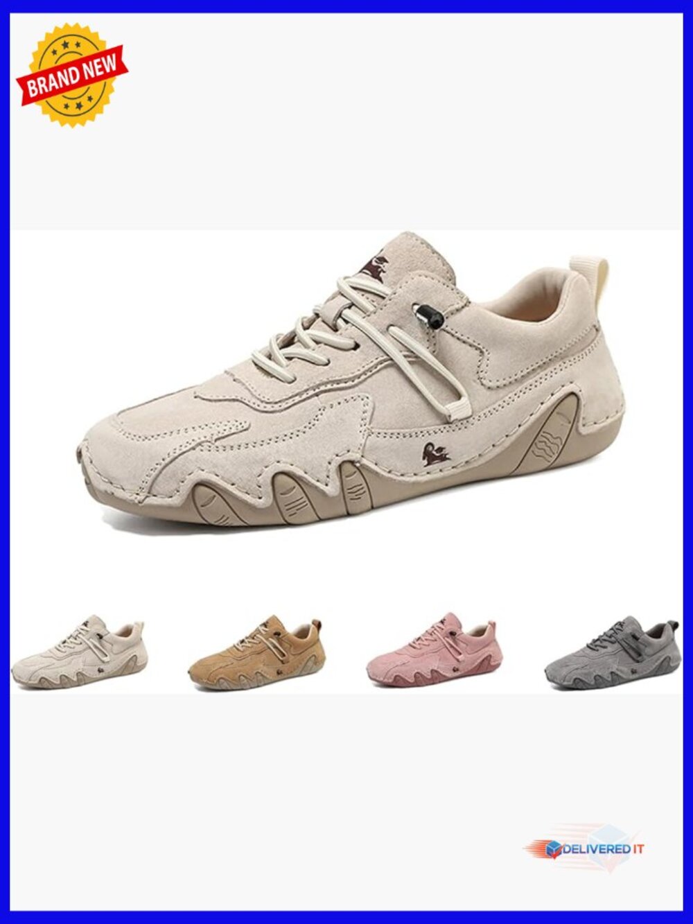 Waterproof Suede Lace Up Walking Hiking Shoes Retro Hand Stitched Sneakers